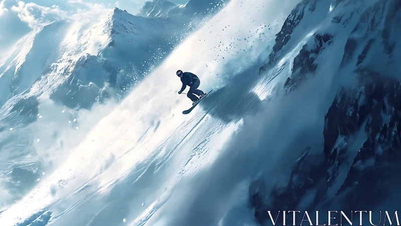 High-speed snowboard descent across dramatic alpine avalanche slope
