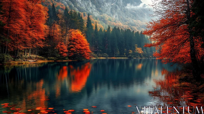 Autumn forest lake with crimson foliage reflections at dusk.