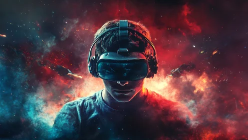 Stargazer gamer dives into neon VR nebula and digital firestorm.