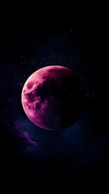 Crimson moon rises through deep indigo cosmic void.