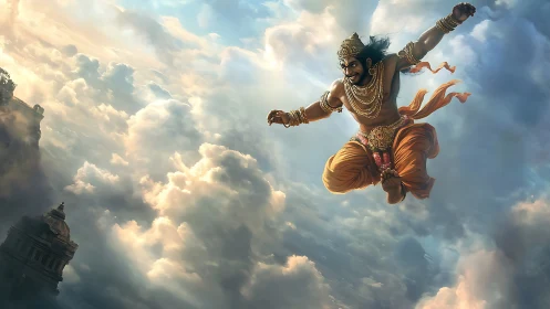 Mythic warrior leaps through radiant storm clouds above temple