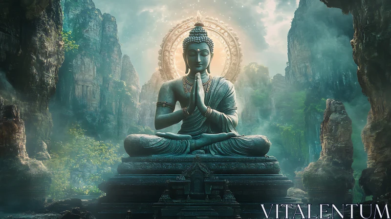 Quiet mountain Buddha under a glowing halo of soft light.