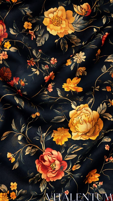 Floral Botanical Pattern on Dark Navy Textile.