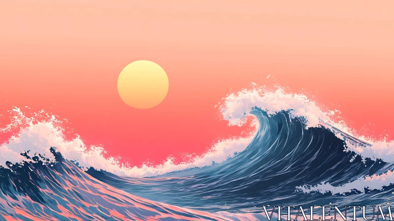 Sunset waves roll beneath a glowing pastel sky