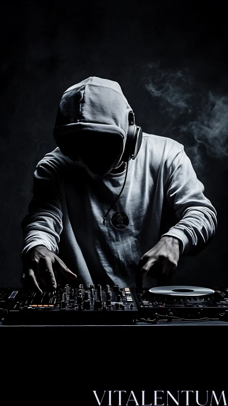 Shadow-cloaked DJ conjures midnight beats from smoke and light.