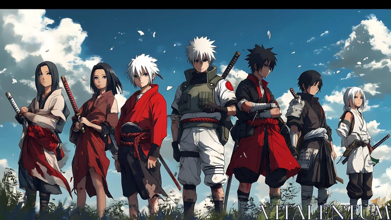 Anime ensemble of armed warriors in panoramic sky-lit lineup.