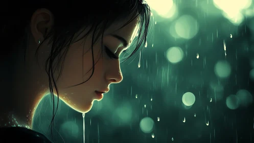 Side-profile portrait of young woman in rain, teal bokeh light