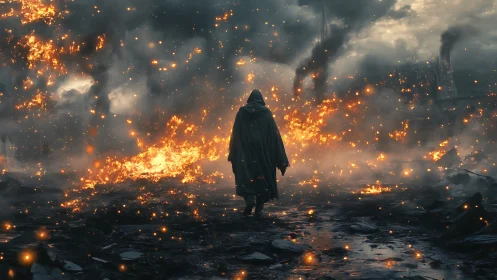 Hooded lone figure walks through burning ruined wasteland.