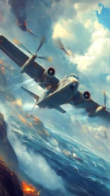 Dynamic warplane over storm-tossed ocean in digital painting.