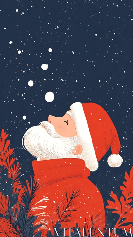 Santa in profile lifts face toward falling snow at night