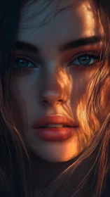 Close-up digital portrait of woman in directional warm light.