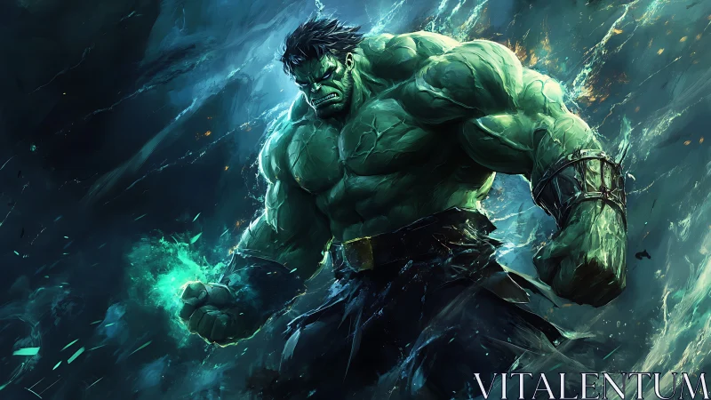 Green gamma titan rendered in dynamic digital combat tableau