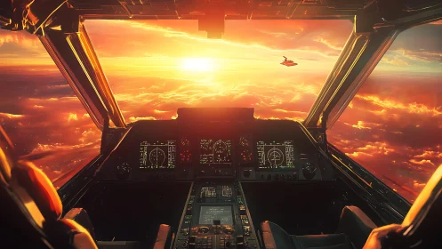 Cockpit interior view toward sunset over cloud layer.