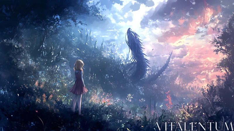 Backlit girl confronts serpentine dragon in high-contrast twilight forest