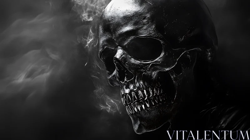 Rendered dark skull model emerges from diffuse grey smoke