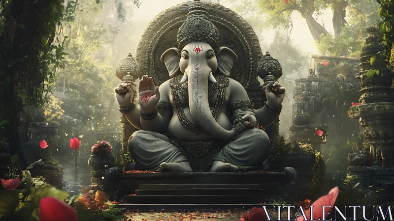 Serene elephant sage in mossy temple glow of dawn.