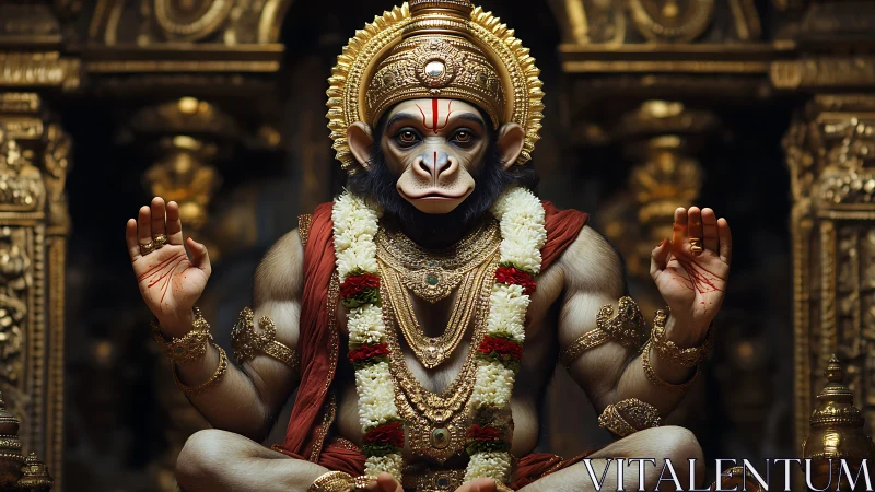 Hyperreal simian deity sculpture in gilded temple shrine