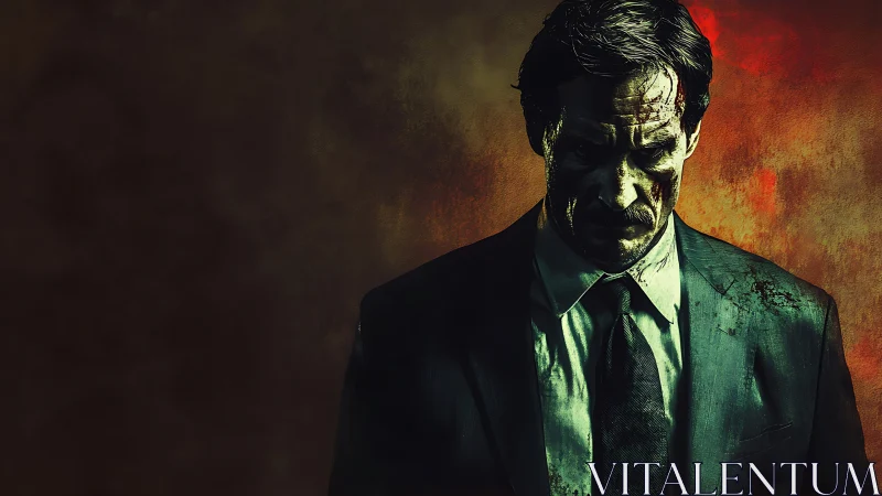 Storm-worn hitman broods in molten shadowed aftermath.