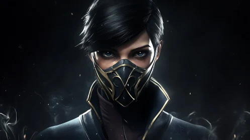 Masked futuristic character portrait on dark background.