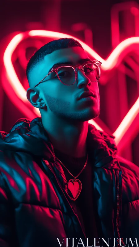Neon heart portrait with teal magenta split lighting and bokeh glow.