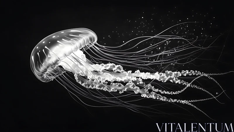 Translucent jellyfish glowing against deep black background.