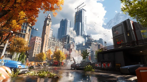 Futuristic city street gleams under crisp autumn sunlight