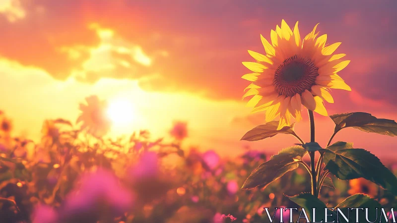 Single sunflower in warm sunset over blurred flower field.
