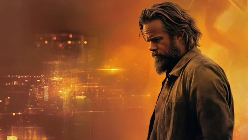 Bearded man stands against orange digital city backdrop