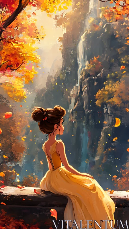 Girl in yellow dress watching autumn waterfall scene.