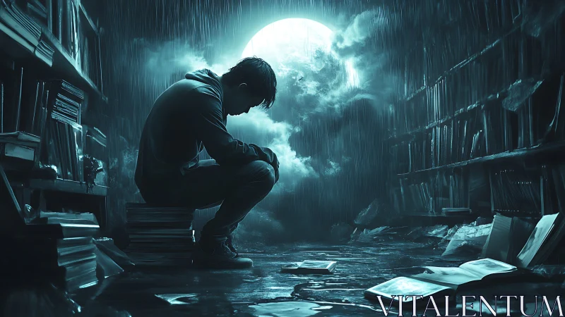 Solitary reader in moonlit flooded library at night.