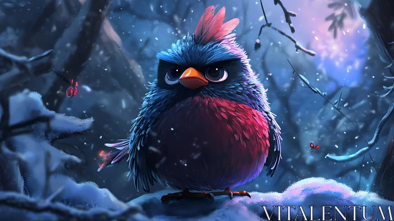 Grumpy Cartoon Bird in Snowy Forest, Digital Fantasy Art Style.