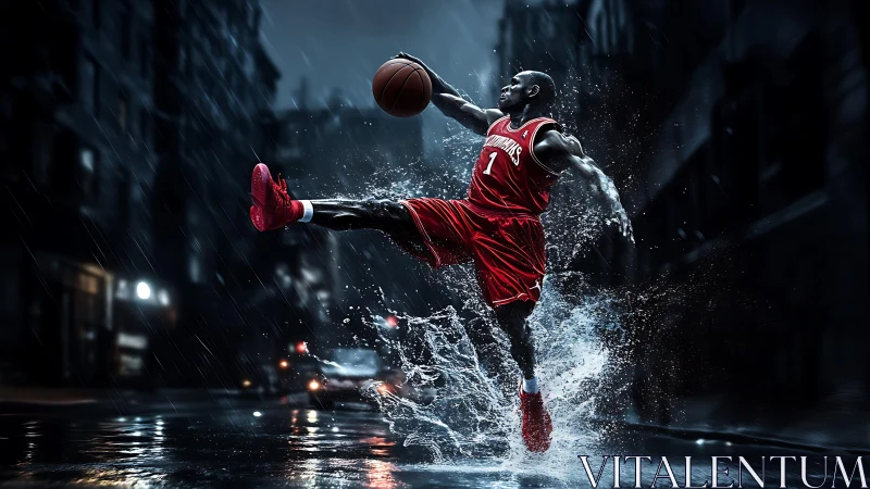 Electric night dunk captures raw power on a rain soaked street