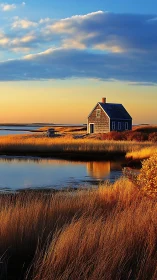 Coastal cottage beside marshland pool at golden sunset.