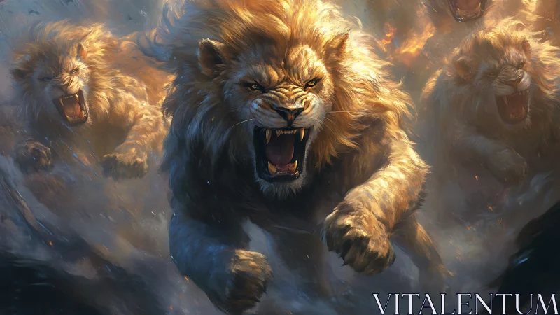 Charging lion pride in dynamic frontal charge, cinematic lighting