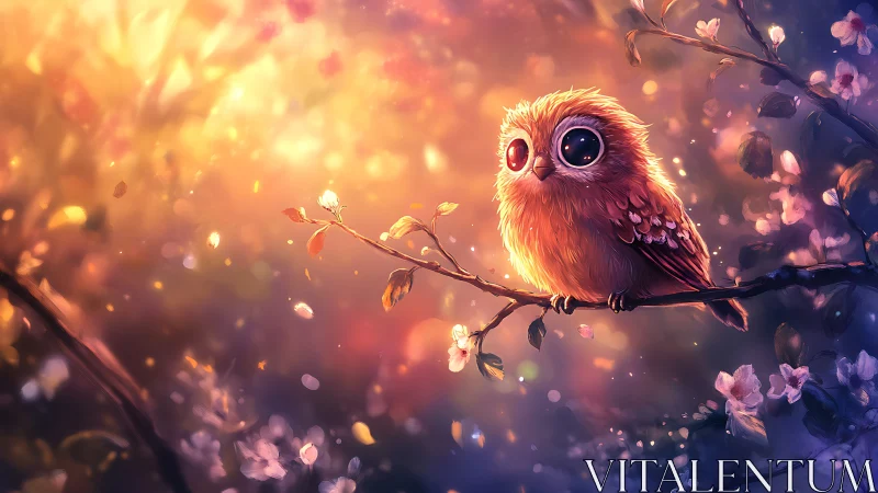 Whimsical baby owl on blossom branch, dreamy fantasy art style.