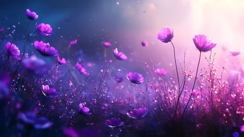 Purple Cosmos Flowers in Dreamlike Field at Sunset.