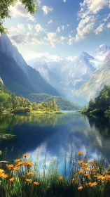 Mountain lake landscape with wildflowers and distant peaks.