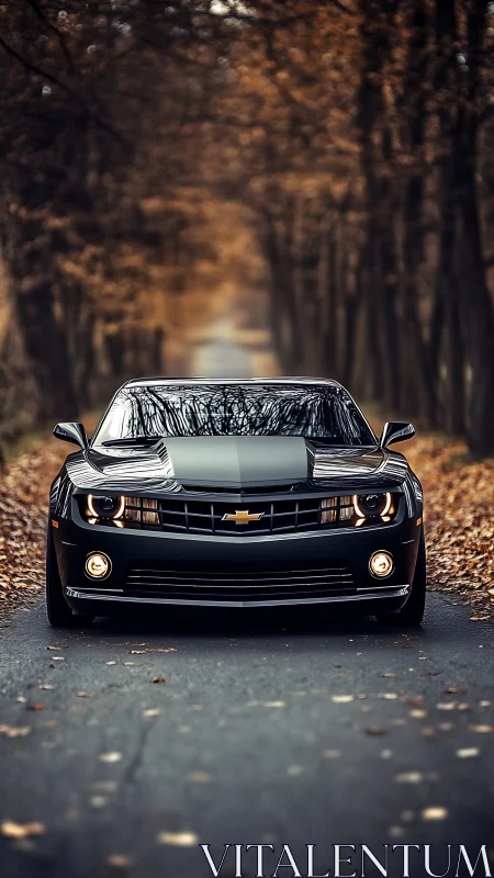 Midnight muscle prowls a leaf‑strewn forest tunnel of asphalt