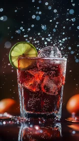 High-speed carbonated beverage capture with ice crystallization and citrus garnish slice.