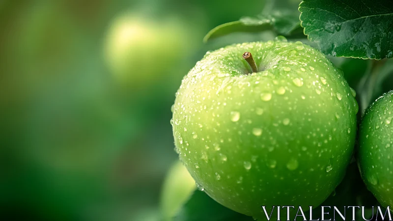 Green apples with dew in soft-focus orchard lighting.