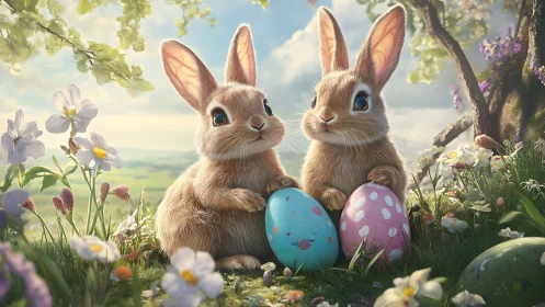 Springlight conspirators cradle pastel eggs in meadow bloom