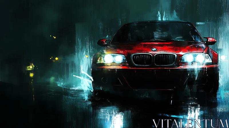 Crimson sports car surging through neon rain at night.