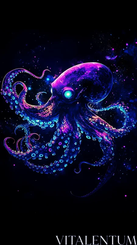 Neon bioluminescent octopus floating in deep space.