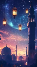 Mosque skyline at dusk with lanterns and crescent moon.