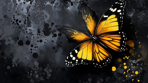 Bold monarch butterfly emerges over dark splattered canvas.