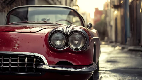 Sunlit city alley cradles a lovingly worn red classic car.