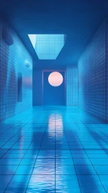 Neon tiled corridor frames a luminous sun in one-point perspective