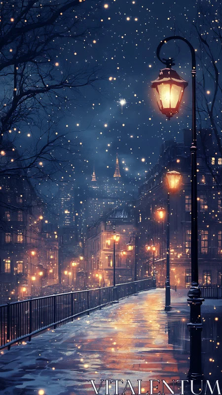 Snowlit city promenade under glowing street lanterns at dusk.