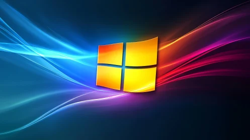 Glowing window icon floats in radiant color streams.