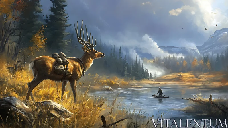 Pack-laden stag watches lone canoeist cross misty river
